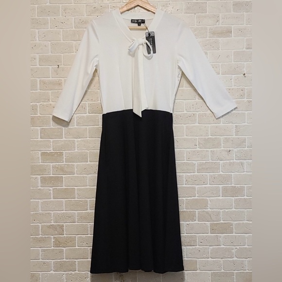 Oxiuly Black & White Bow-Tie Midi Dress Sz L – Elegant & Timeless! NWT - Picture 1 of 3